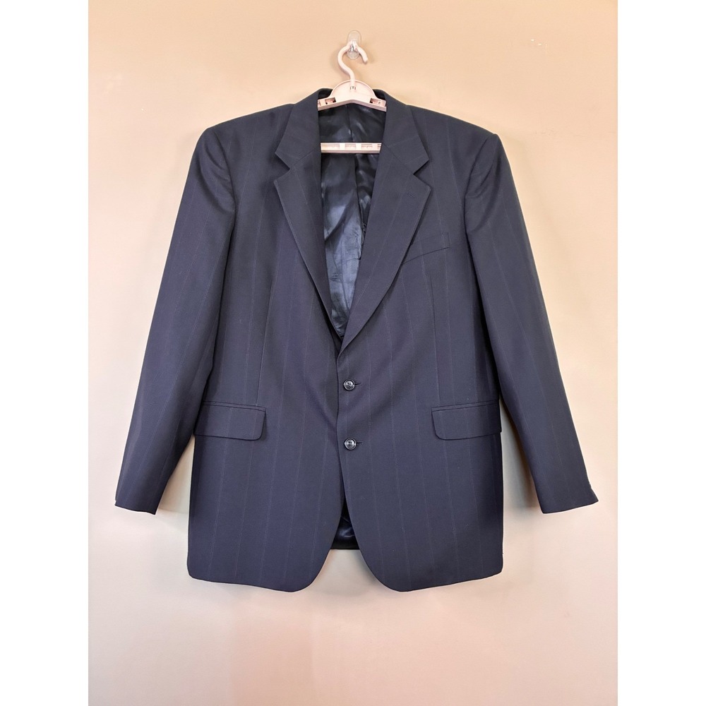 Stafford Executive Mens Navy Blue Plaid Two Button Wool Suit Blazer Jacket‎ 48R